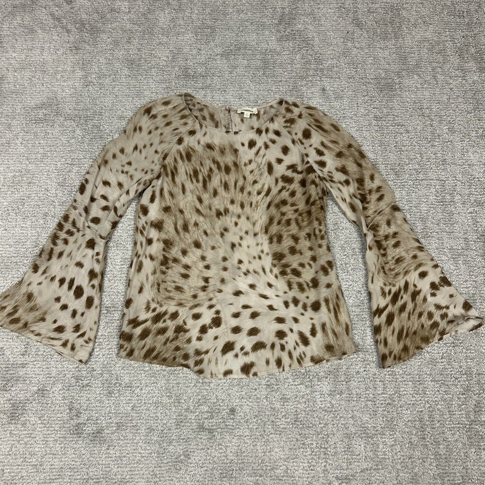 L'Agence Dylan Top Womens XS Leopard Print Brown Silk Blouse Long Bell Sleeve